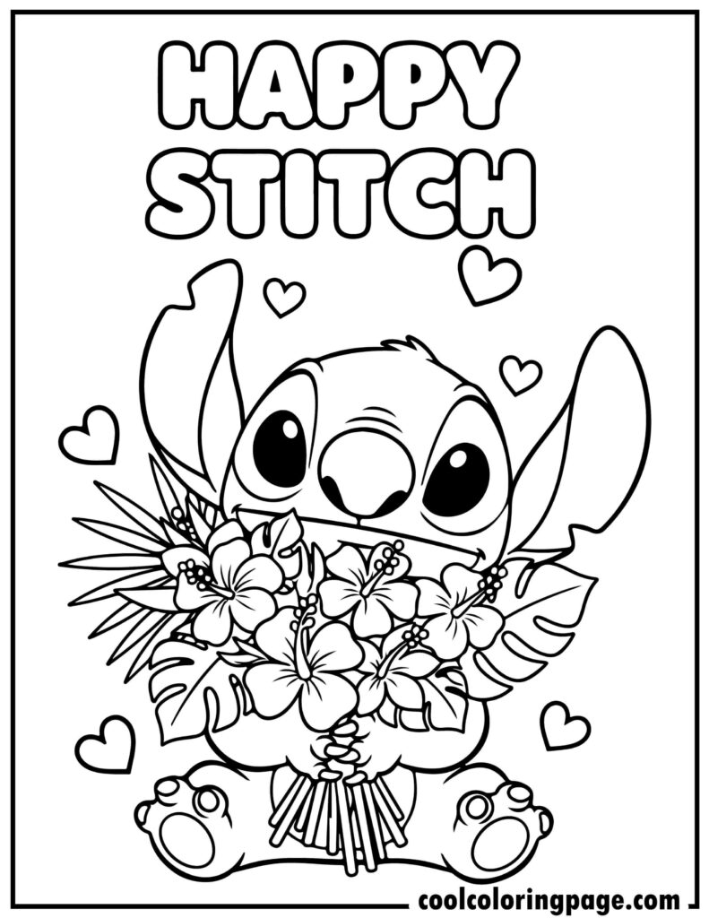 Stitch coloring pages with Stitch holding flowers, cute printable stitch coloring pages and coloring pages stitch.
