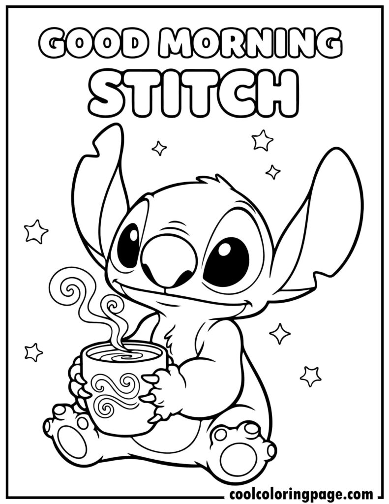 Stitch coloring pages showing Stitch holding a coffee mug, cozy stitch coloring page and printable stitch coloring pages.