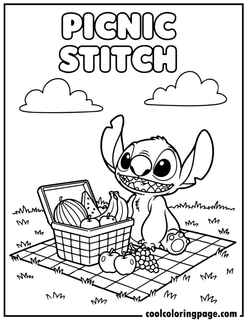 Stitch coloring pages featuring Stitch having a picnic, outdoor stitch coloring page and coloring pages of stitch.