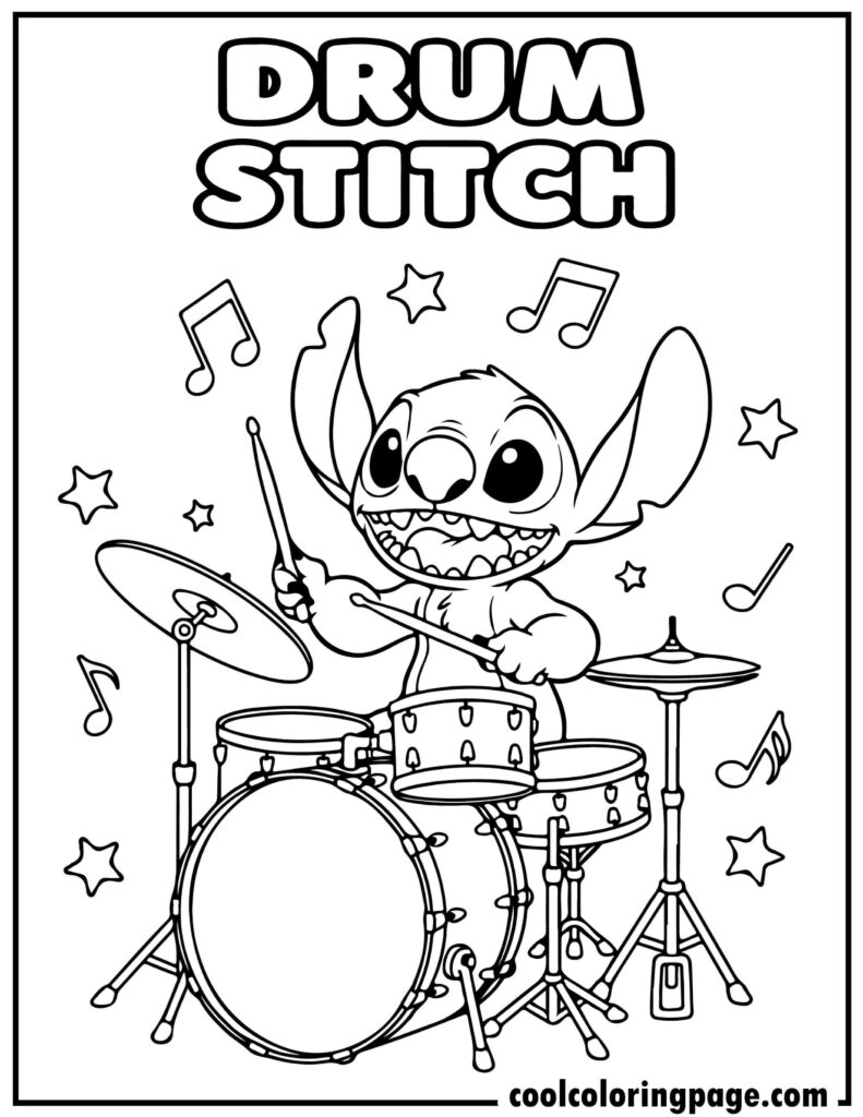 Stitch coloring pages showing Stitch playing drums, musical coloring pages stitch and printable stitch coloring pages.