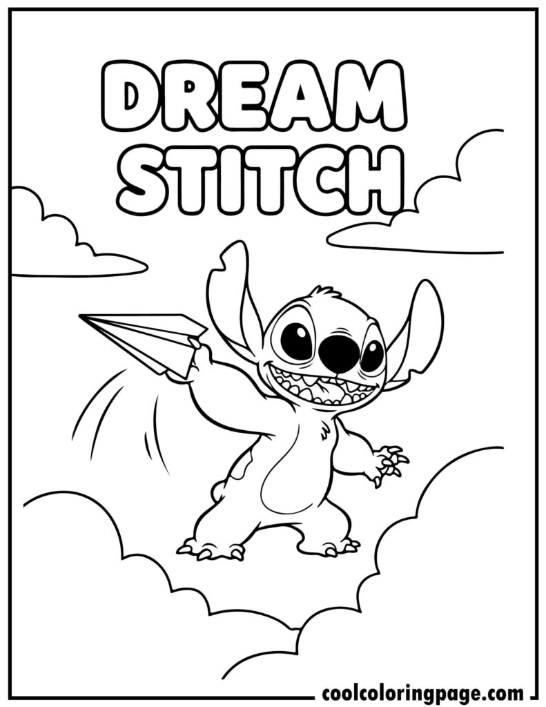Stitch coloring pages with Stitch flying a paper plane, creative stitch coloring page and coloring pages of stitch.