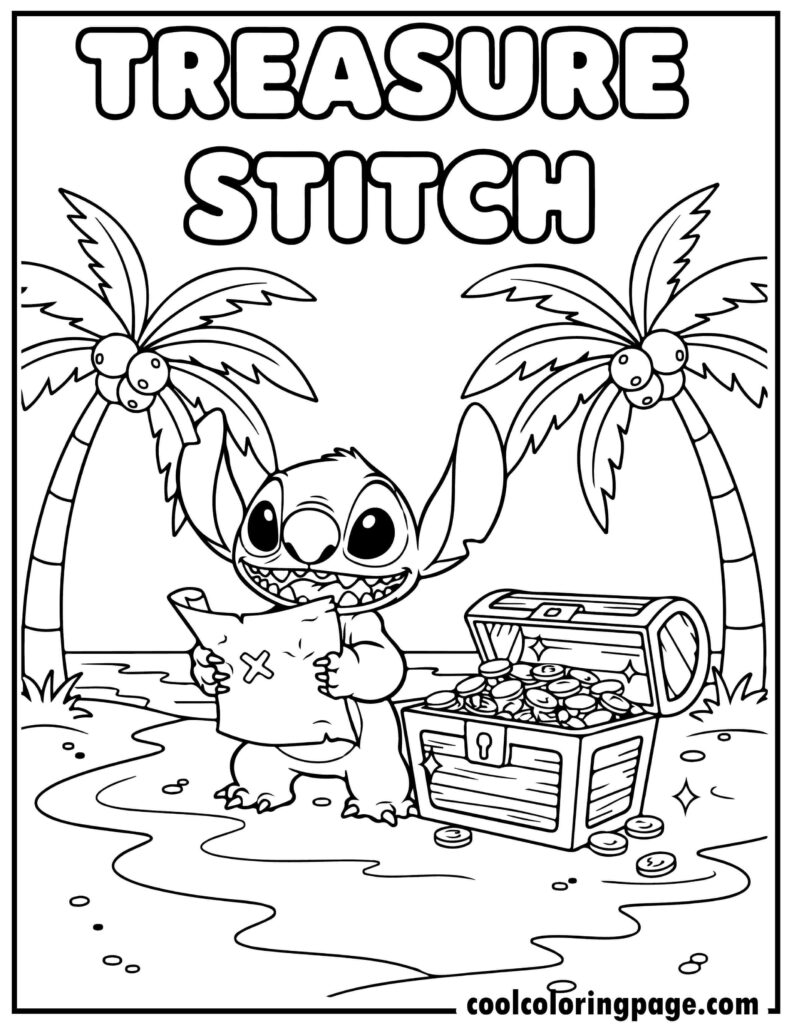 Stitch coloring pages featuring a treasure hunt scene, adventure stitch coloring page and printable stitch coloring pages.