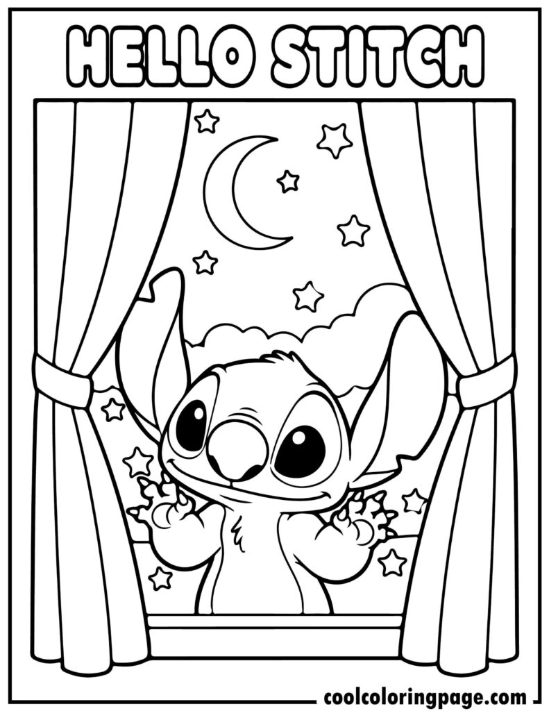 Stitch coloring pages showing Stitch looking out a window, peaceful coloring pages stitch and stitch coloring pages printable.