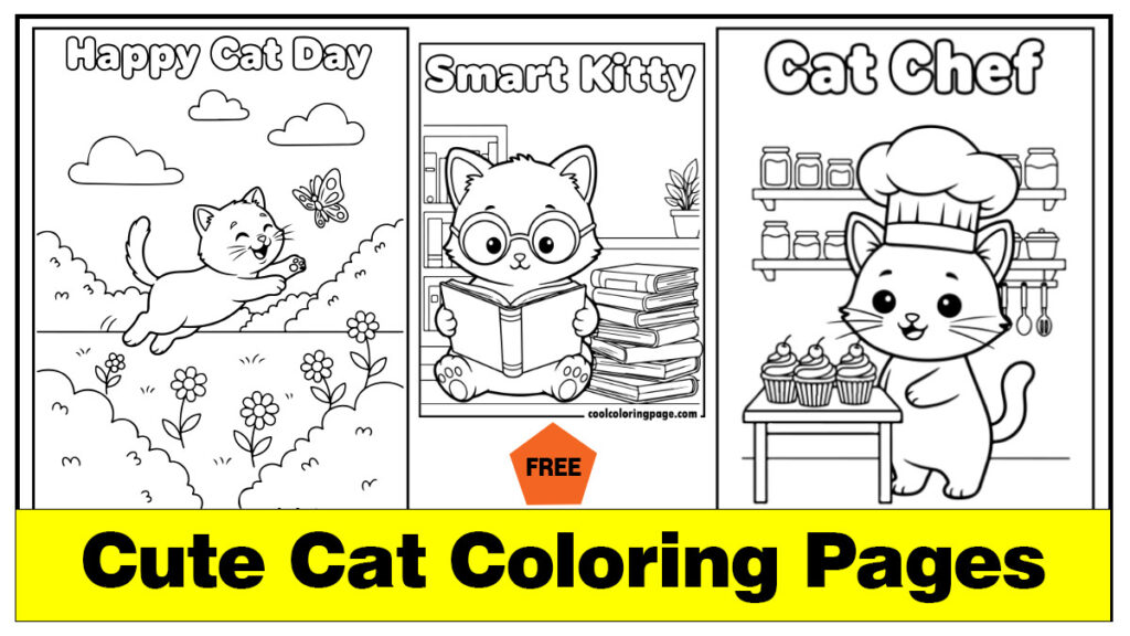 Three cute cat coloring pages for kids and adults cat