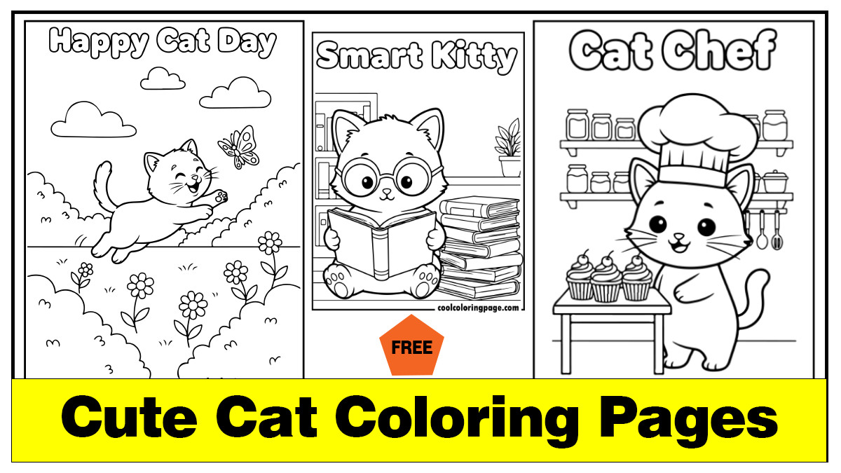 Three cute cat coloring pages for kids and adults cat