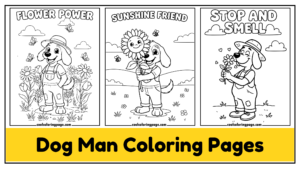 Three coloring pages featuring a dog. dog man coloring pages for kids and adults.