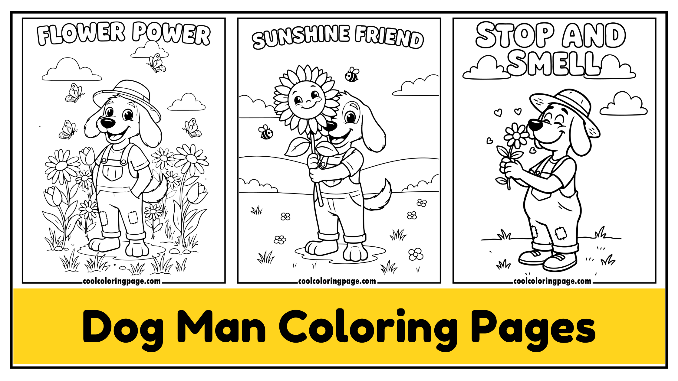 Three coloring pages featuring a dog. dog man coloring pages for kids and adults.