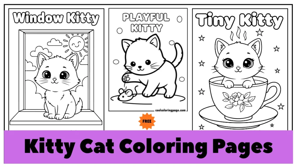 Three kitty cat coloring page designs. printable kitty cat coloring pages download for kids and adults