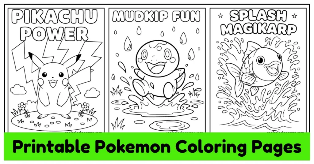 Three Printable Pokemon coloring page designs for kids and adults.