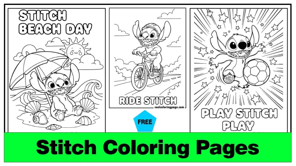 Three Stitch-themed coloring pages.
printable stitch coloring pages