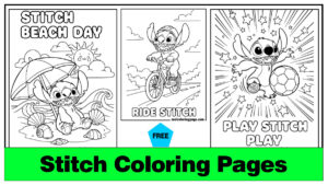 Stitch coloring pages with various activities
