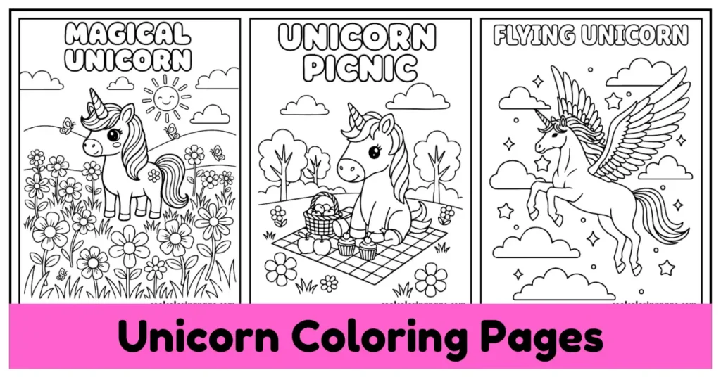 Three unicorn-themed coloring pages. free unicorn coloring pages for kids and adults