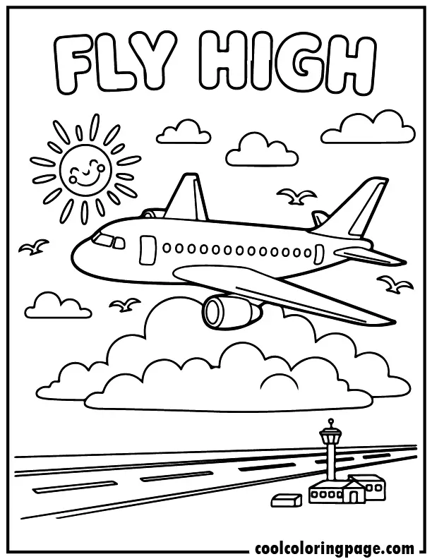 Airplane coloring pages fly high cloud scene, Airplane coloring page printable and airplane coloring pages for kids with fluffy sky adventure.