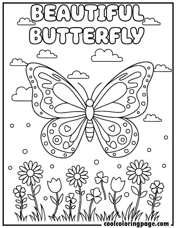 Beautiful meadow scene from butterfly coloring pages featuring a large butterfly flying above flowers, butterfly coloring pages printable design perfect for kids and adults.