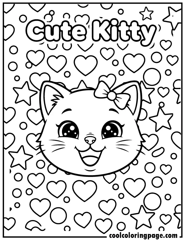 Cute kitty coloring pages featuring a smiling kitty with a bow, simple bold outlines, and easy shapes for kids and adults.