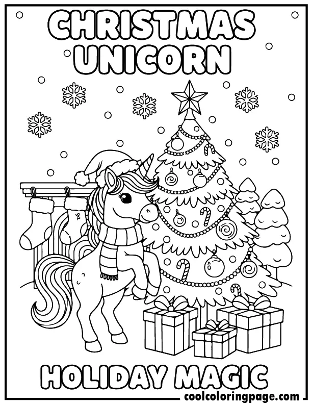 Christmas tree unicorn from free unicorn coloring pages, festive unicorn coloring page with gifts and ornaments, download printable unicorn coloring pages and printable unicorn coloring pages.