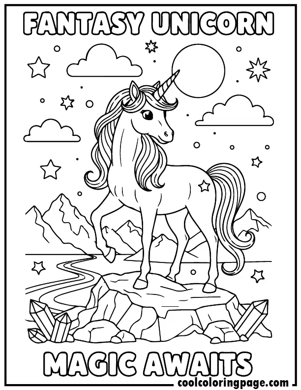 Fantasy valley unicorn from free unicorn coloring pages, magical unicorn coloring page with mountains and stars, download printable unicorn coloring pages and printable unicorn coloring pages.