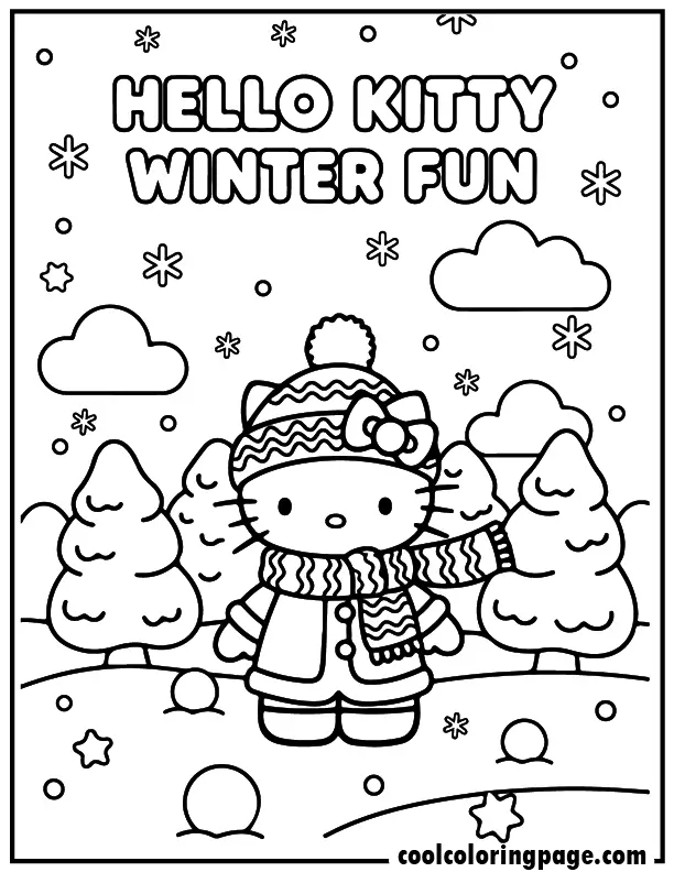 hello kitty winter coloring pages featuring Hello Kitty playing in snow, cute hello kitty coloring scene for kids.