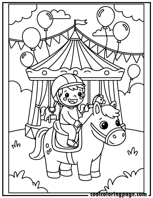 Pony ride fair horse coloring pages featuring a child riding a cute pony with balloons and carousel tent, printable horse coloring pages and free horse coloring sheets for easy coloring pages fun.