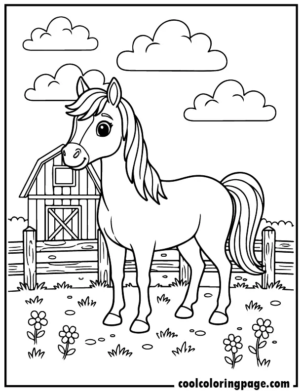 Realistic standing horse coloring pages showing a calm meadow horse with fence and clouds, printable horse coloring pages and free horse coloring sheets perfect for easy coloring pages.