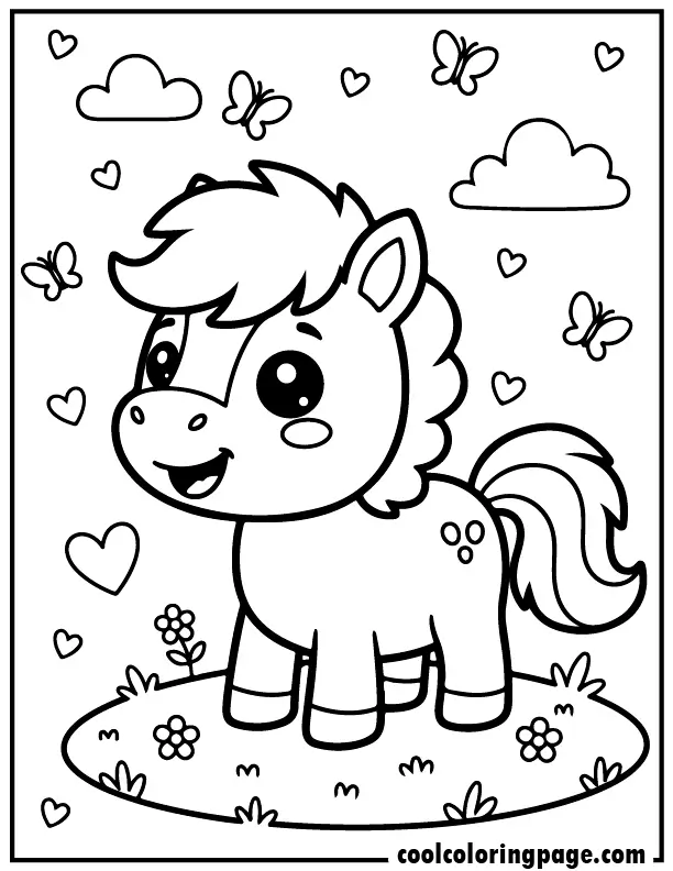 Cute cartoon pony horse coloring pages featuring smiling pony with flowers and butterflies, cute horse coloring pages and printable coloring pages great as free printable coloring pages.