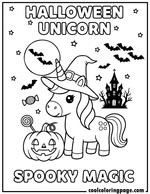 Halloween pumpkin unicorn from free unicorn coloring pages, spooky unicorn coloring page with bats and moon, unicorn printable coloring pages and download printable unicorn coloring pages.