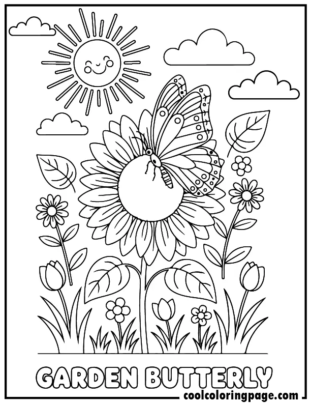 Garden sunflower design from butterfly coloring pages showing a butterfly resting on a flower, free butterfly coloring pages style with bold outlines.