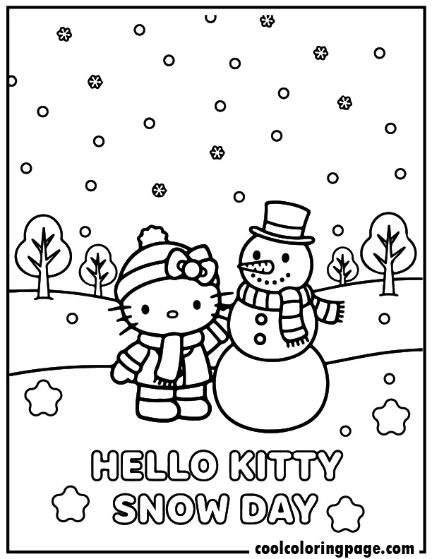 hello kitty winter coloring pages with Hello Kitty building a snowman, winter edition hello kitty & snowman coloring page.