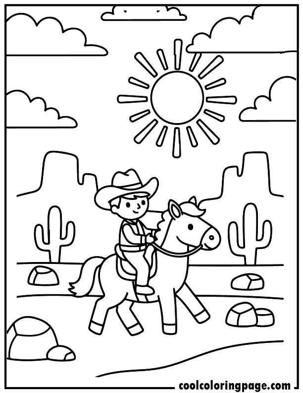 Western cowboy horse coloring pages showing a rider crossing desert with cactus and sun, printable horse coloring pages and free printable coloring pages perfect as easy coloring pages.