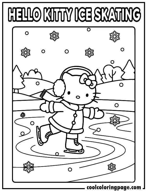 hello kitty winter coloring pages showing Hello Kitty ice skating, hello kitty coloring pages for kids winter activity.