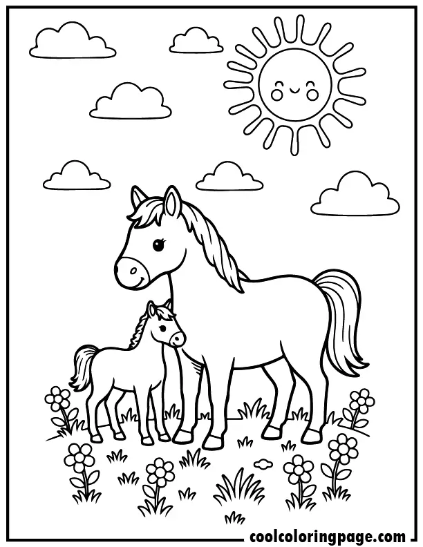 Mother and baby foal horse coloring pages in meadow scene, printable horse coloring pages and free printable coloring pages ideal for easy coloring pages and free horse coloring sheets.