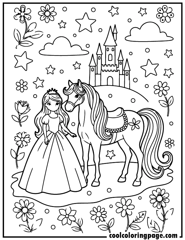 Princess fantasy horse coloring pages with magical horse, crown and castle scene, cute horse coloring pages and printable coloring pages ideal as free horse coloring sheets.