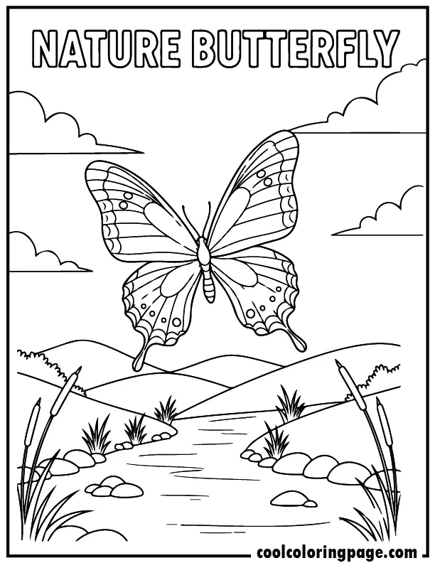 Nature river scene from butterfly coloring pages with butterfly near water and hills, butterfly coloring pages printable with simple bold lines.