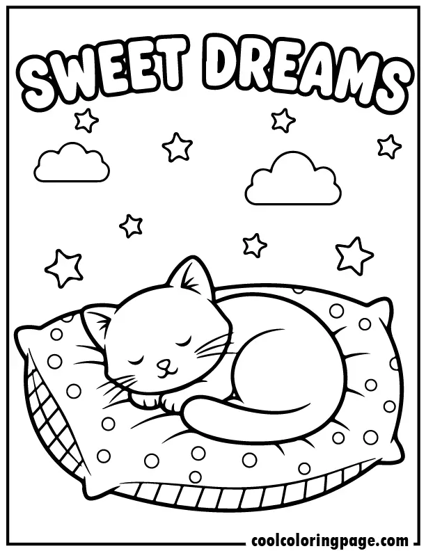 Sleepy kitty coloring pages with a curled-up kitty on a pillow, stars and clouds in bold black outlines.