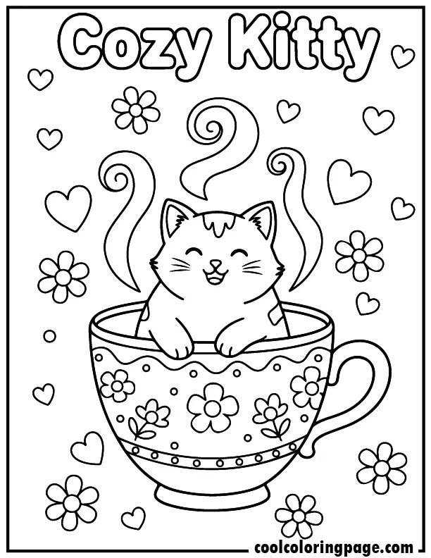 Cozy kitty coloring pages showing a cute kitty sitting in a teacup with hearts and flowers, easy outline style.