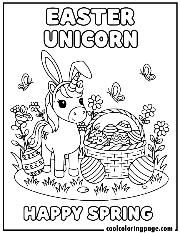 Easter bunny unicorn from free unicorn coloring pages, spring unicorn coloring page with eggs and flowers, download printable unicorn coloring pages and printable unicorn coloring pages.