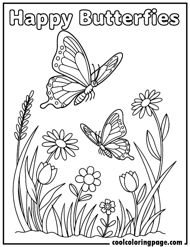 Dancing butterflies in a field from butterfly coloring pages, cheerful butterfly coloring page design ideal for download free printable butterfly coloring pages.