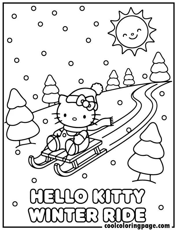 hello kitty winter coloring pages with Hello Kitty sledding, coloring pages hello kitty snowy adventure.
