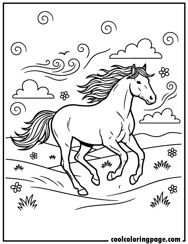 Running wild horse coloring pages showing free horse in open plains, printable horse coloring pages and free horse coloring sheets perfect as printable coloring pages.