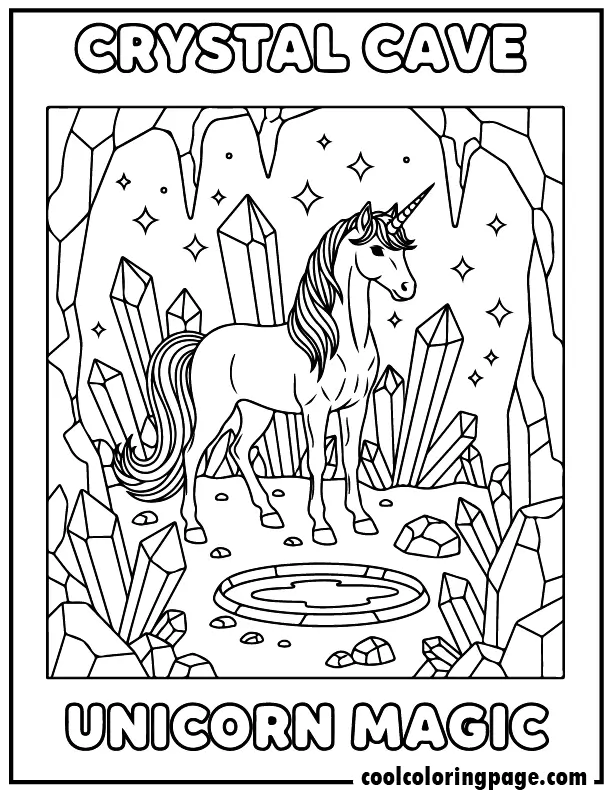 Crystal cave fantasy unicorn from free unicorn coloring pages, magical unicorn coloring page with crystals and pond, unicorn printable coloring pages and download printable unicorn coloring pages.