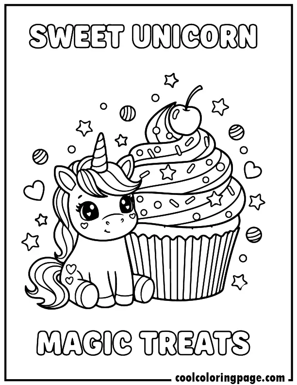 Cupcake sweet unicorn from free unicorn coloring pages, dessert themed unicorn coloring page with candy and hearts, unicorn printable coloring pages and download printable unicorn coloring pages.