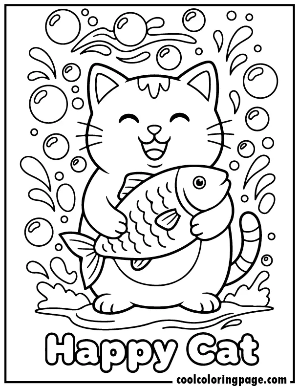Happy kitty coloring pages featuring a kitty holding a fish with bubbles and water lines in simple bold outlines.