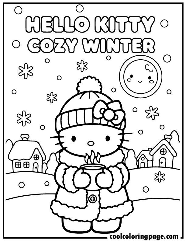 hello kitty winter coloring pages showing cozy Hello Kitty holding a warm drink, cute hello kitty coloring.