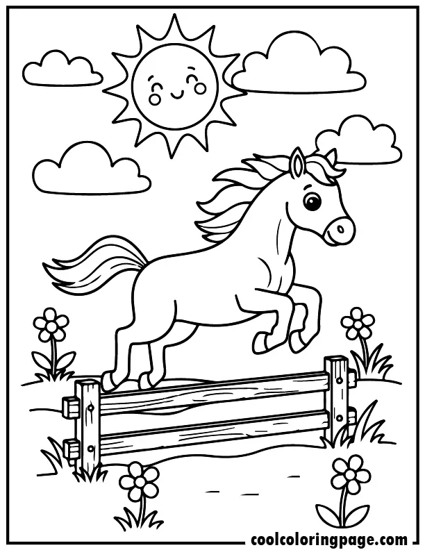 Jumping horse fence horse coloring pages with farm field background, printable horse coloring pages and free printable coloring pages suitable for easy coloring pages.