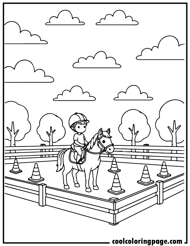 Riding school horse coloring pages featuring beginner rider training in arena, printable horse coloring pages and free horse coloring sheets great for easy coloring pages practice.