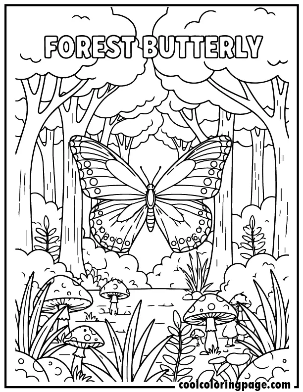 Forest clearing illustration from butterfly coloring pages featuring butterfly among trees and mushrooms, butterfly coloring pages printable format.