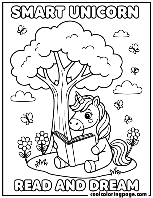Reading book unicorn from free unicorn coloring pages, educational unicorn coloring page with tree and butterflies, printable unicorn coloring pages and unicorn printable coloring pages.