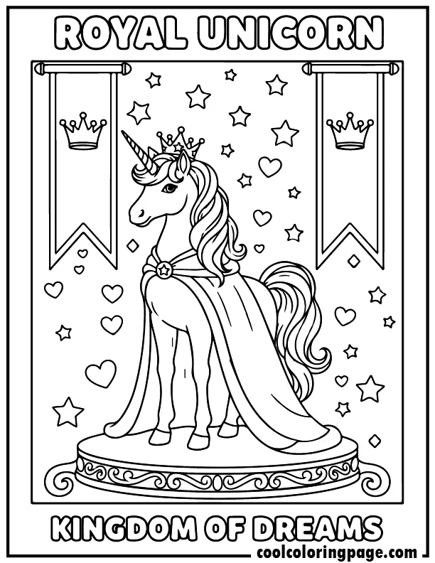 Royal crown fantasy unicorn from free unicorn coloring pages, elegant unicorn coloring page with banners and sparkles, printable unicorn coloring pages and unicorn printable coloring pages.