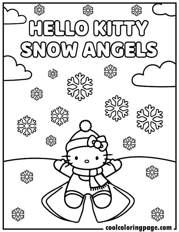 hello kitty winter coloring pages featuring Hello Kitty making snow angels, hello kitty coloring page winter fun.