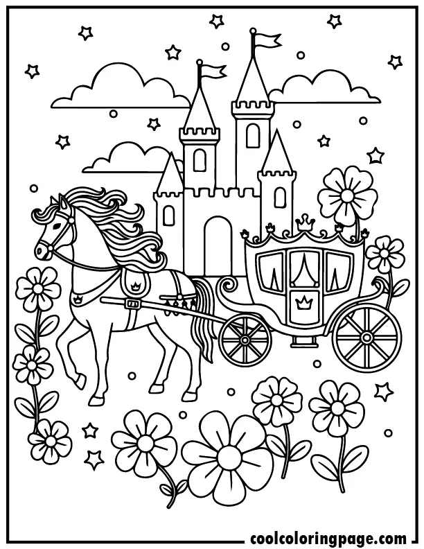 Royal carriage horse coloring pages with decorative horse pulling princess carriage, cute horse coloring pages and printable coloring pages perfect for free printable coloring pages.
